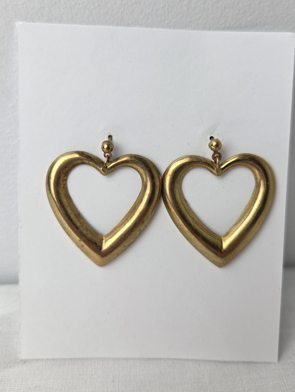 Vintage Brass Heart Earrings Chunky Gold Tone Studs Retro Minimalist Statement